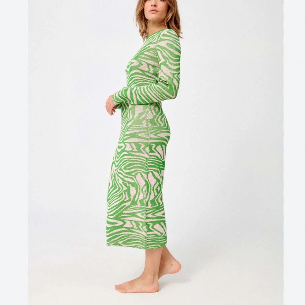 Stine Goya Chiara Knit Midi Dress Pastel Green Abstract Print Ribbed‎ Size XXS